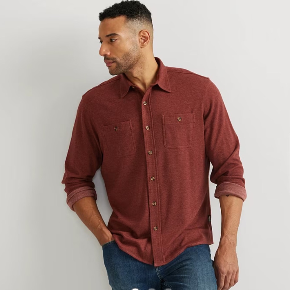 NWT Eddie Bauer Mr. Soft Knit button down shirt in Mineral red